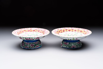 A pair of Chinese famille rose 'mandarin ducks in a lotus pond' Bencharong  tazzas for the Thai market, 19th C.