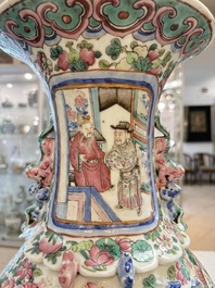 Two Chinese Canton famille rose vases with narrative design, 19th C.