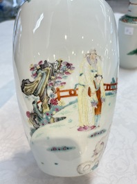 A Chinese famille rose vase with narrative design and a famille verte vase, Qianlong mark, 19th C.