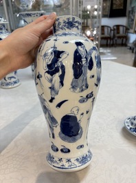A Chinese blue and white garniture of four vases with figural design, Kangxi mark, 19th C.