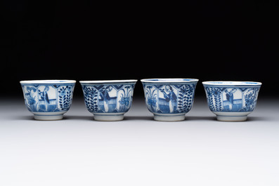 Ten Chinese blue and white cups and nine saucers, Kangxi mark, 19th C.