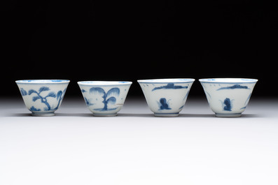 Four Chinese blue and white 'boy and buffalo' cups, Qi Yue Ru Yu 奇玥如玉 and Kun Chi Yu Shi 崑池玉石 marks, Yongzheng
