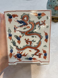 A Chinese wucai square covered container, a gilt bronze-mounted famille verte vase and a Canton famille verte bottle vase, Kangxi and later