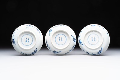 Eight Chinese blue and white cups and saucers, Kangxi mark, 19th C.