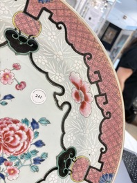 A large Chinese famille rose bianco-sopra-bianco 'peonies' dish, Yongzheng