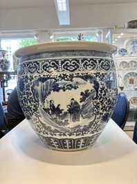 A Chinese blue and white fish bowl with narrative design, 19th C.
