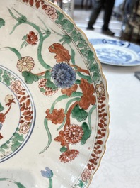 A Dutch-decorated Chinese plate, an Imari-verte dish and a blue and white dish, Kangxi/Yongzheng