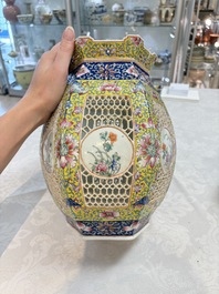 A Chinese famille rose yellow-ground hexagonal lantern and stand, Republic