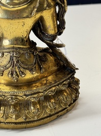 An extremely rare and fine Chinese gilt-bronze Buddha, inscribed 大明正統己未金川比丘昌靜捐資命工造, Zhengtong mark and of the period, dated 1439