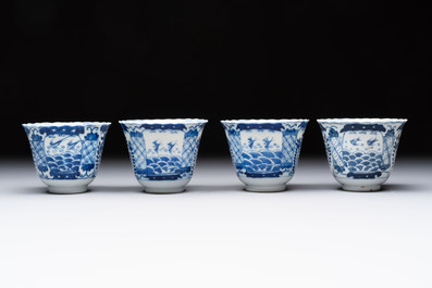 Eight Chinese blue and white cups and saucers, Kangxi mark, 19th C.