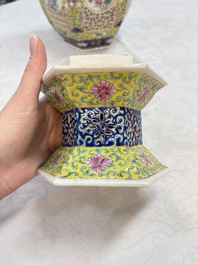 A Chinese famille rose yellow-ground hexagonal lantern and stand, Republic