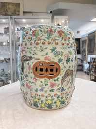 A Chinese famille rose celadon-ground garden seat, 19th C.