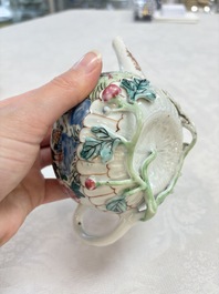 A Chinese famille rose 'roosters' covered teapot and two cups and saucers, Yongzheng