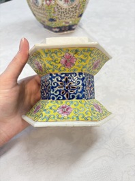 A Chinese famille rose yellow-ground hexagonal lantern and stand, Republic
