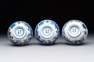 Ten Chinese blue and white cups and nine saucers, Kangxi mark, 19th C.