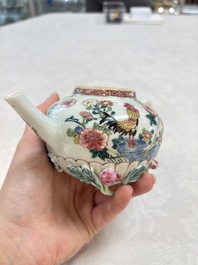 A Chinese famille rose 'roosters' covered teapot and two cups and saucers, Yongzheng