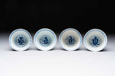 Eight Chinese blue and white cups and saucers, Kangxi mark, 19th C.