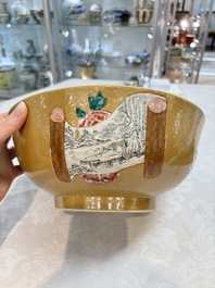 A Chinese famille rose capucin-ground bowl with landscape design, Qianlong