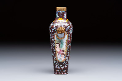 A square Chinese Canton enamel 'European subject' vase, Qianlong mark and probably of the period