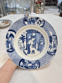 A Dutch-decorated Chinese plate, an Imari-verte dish and a blue and white dish, Kangxi/Yongzheng