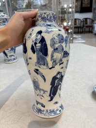 A Chinese blue and white garniture of four vases with figural design, Kangxi mark, 19th C.