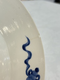 A Dutch-decorated Chinese plate, an Imari-verte dish and a blue and white dish, Kangxi/Yongzheng