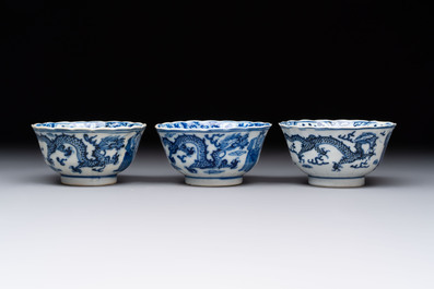 Ten Chinese blue and white cups and nine saucers, Kangxi mark, 19th C.
