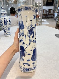 A Chinese blue and white garniture of four vases with figural design, Kangxi mark, 19th C.