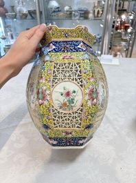 A Chinese famille rose yellow-ground hexagonal lantern and stand, Republic