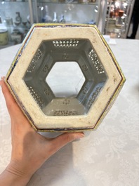 A Chinese famille rose yellow-ground hexagonal lantern and stand, Republic
