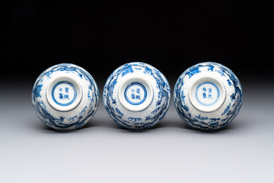 Ten Chinese blue and white cups and nine saucers, Kangxi mark, 19th C.