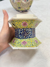 A Chinese famille rose yellow-ground hexagonal lantern and stand, Republic