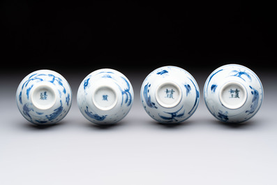 Four Chinese blue and white 'boy and buffalo' cups, Qi Yue Ru Yu 奇玥如玉 and Kun Chi Yu Shi 崑池玉石 marks, Yongzheng