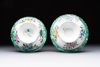 A pair of Chinese famille rose 'mandarin ducks in a lotus pond' Bencharong  tazzas for the Thai market, 19th C.