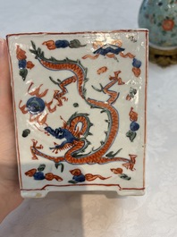 A Chinese wucai square covered container, a gilt bronze-mounted famille verte vase and a Canton famille verte bottle vase, Kangxi and later