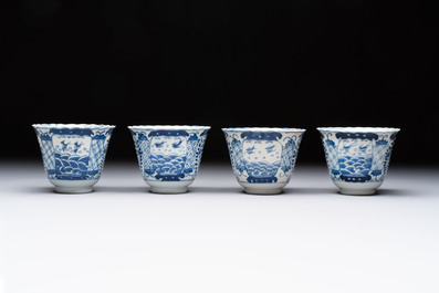 Eight Chinese blue and white cups and saucers, Kangxi mark, 19th C.