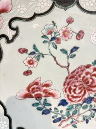 A large Chinese famille rose bianco-sopra-bianco 'peonies' dish, Yongzheng