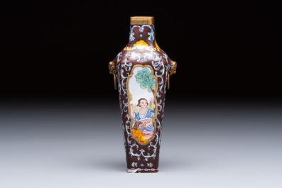 A square Chinese Canton enamel 'European subject' vase, Qianlong mark and probably of the period