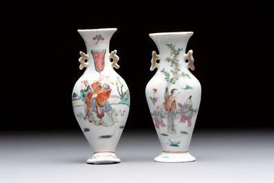 Three Chinese Canton famille verte plates and two famille rose wall pocket vases, 19th C.