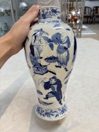A Chinese blue and white garniture of four vases with figural design, Kangxi mark, 19th C.