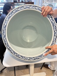 A Chinese blue and white fish bowl with narrative design, 19th C.