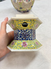 A Chinese famille rose yellow-ground hexagonal lantern and stand, Republic