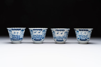 Eight Chinese blue and white cups and saucers, Kangxi mark, 19th C.
