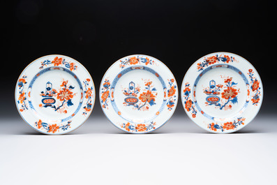 Eight Chinese Imari-style 'flower basket' plates, Yongzheng