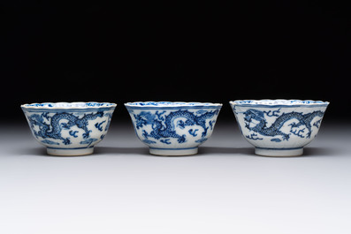 Ten Chinese blue and white cups and nine saucers, Kangxi mark, 19th C.