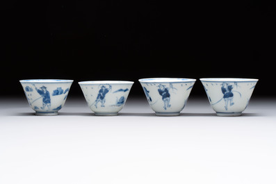 Four Chinese blue and white 'boy and buffalo' cups, Qi Yue Ru Yu 奇玥如玉 and Kun Chi Yu Shi 崑池玉石 marks, Yongzheng