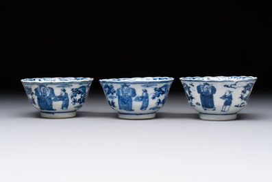 Ten Chinese blue and white cups and nine saucers, Kangxi mark, 19th C.