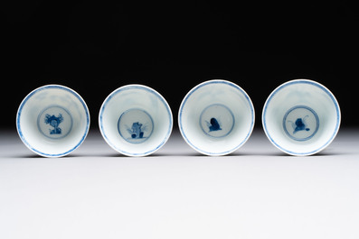 Four Chinese blue and white 'boy and buffalo' cups, Qi Yue Ru Yu 奇玥如玉 and Kun Chi Yu Shi 崑池玉石 marks, Yongzheng