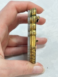A Chinese gilt bronze-mounted white jade 'double happiness' belt buckle, 18th C.