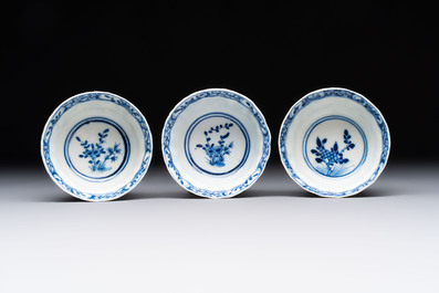 Ten Chinese blue and white cups and nine saucers, Kangxi mark, 19th C.